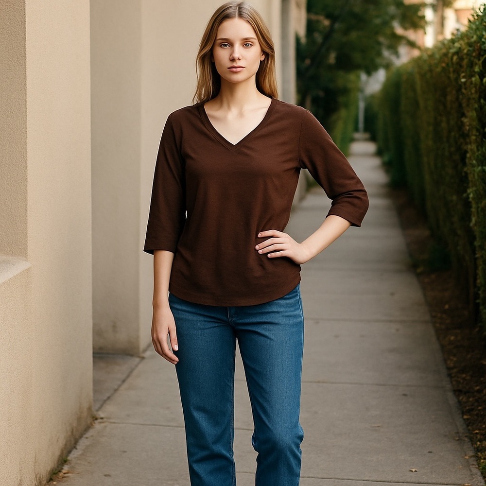 Vintage 90s Y2K High Sierra 3/4 Sleeve V-Neck Top Brown M
